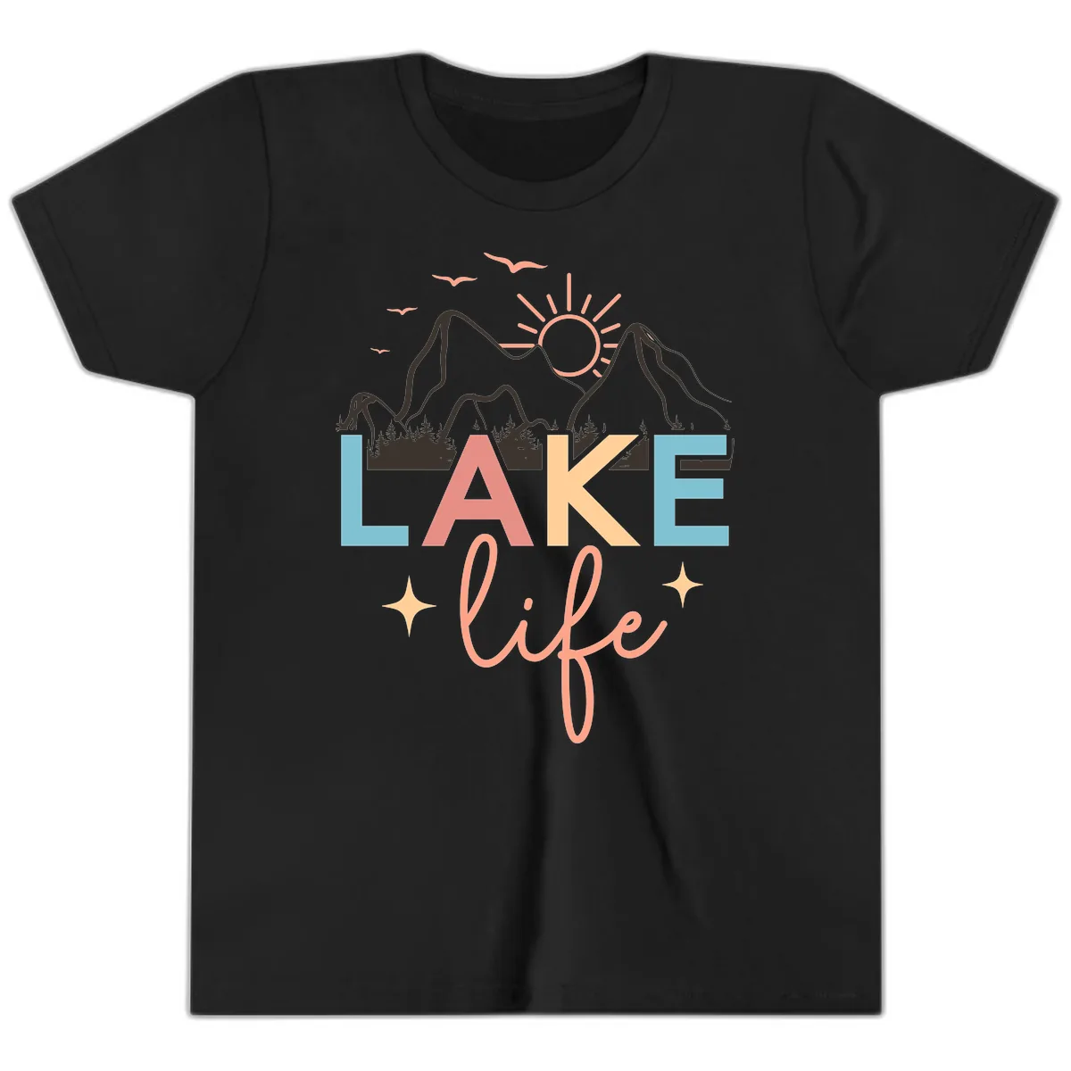 Mountain Lake Life Typography Youth T-Shirt in Black
